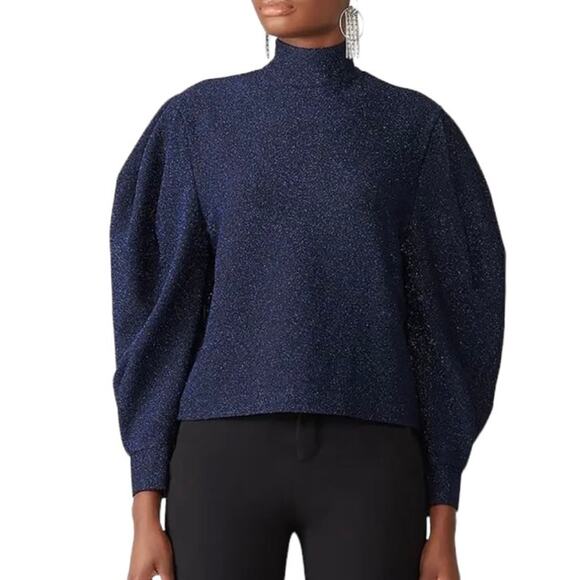 PatBO Women’s Highneck Dolman Long Sleeve Lurex‎ Top Metallic Blue-Size XS - Picture 1 of 7